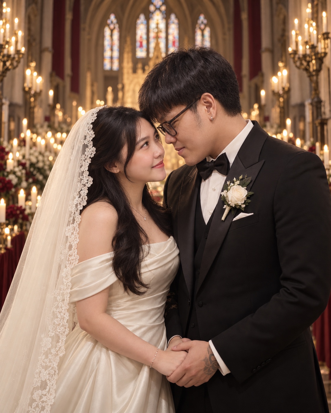 Theo and Chintya sharing an intimate moment inside a candlelit cathedral