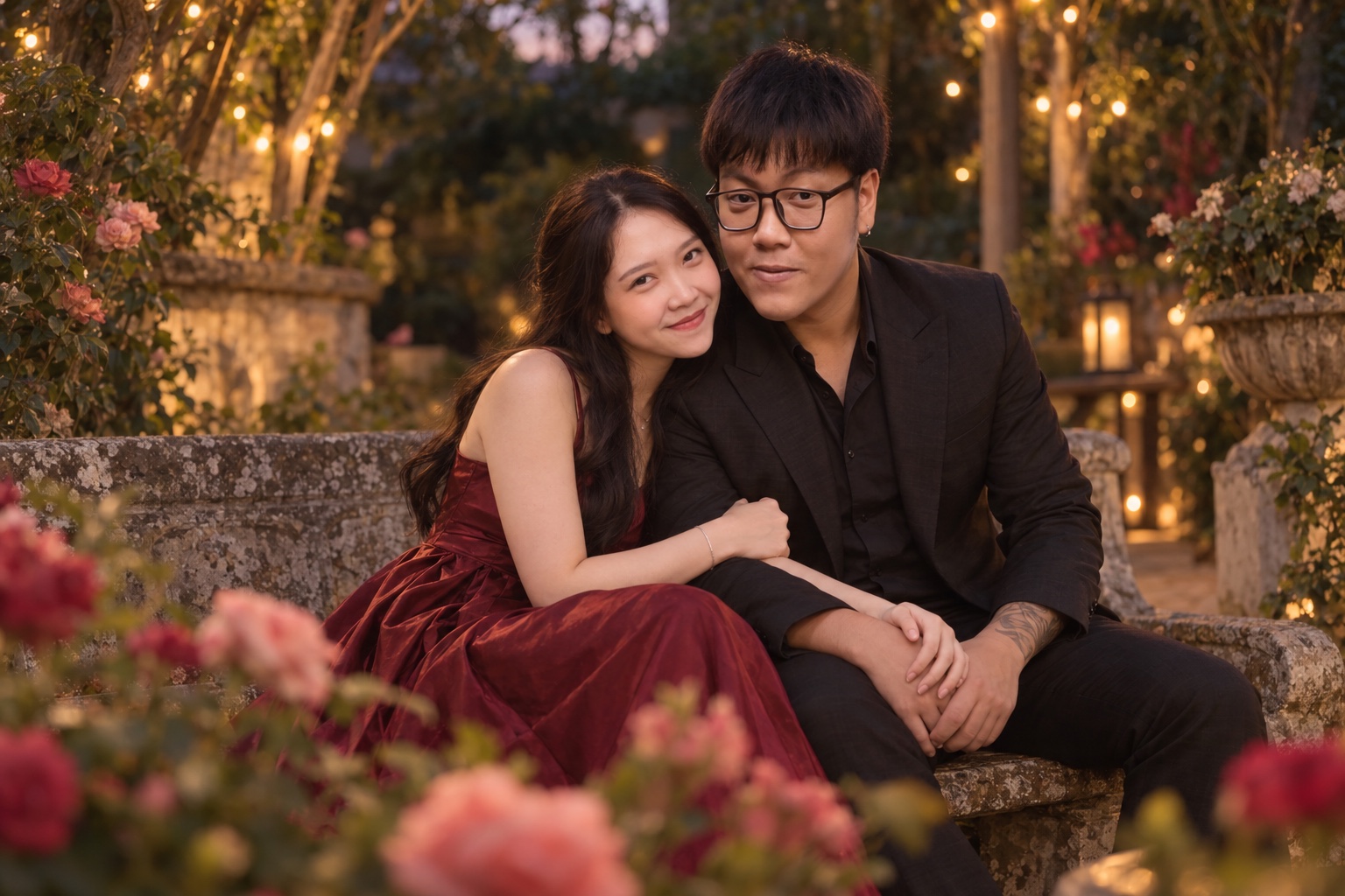Theo and Chintya sitting close together in a romantic garden at dusk